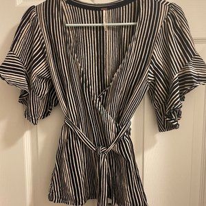 Free People Black and Cream Striped Wrap Top Size XS
